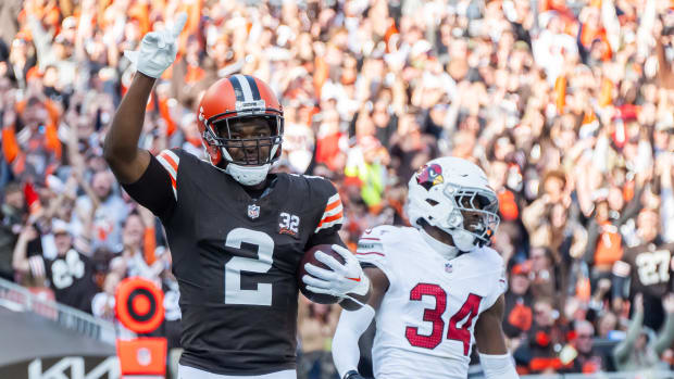 Nov 5, 2023; Cleveland, Ohio, USA; Cleveland Browns wide receiver Amari Cooper (2) celebrates after scoring during the first half against the Arizona Cardinals at Cleveland Browns Stadium.